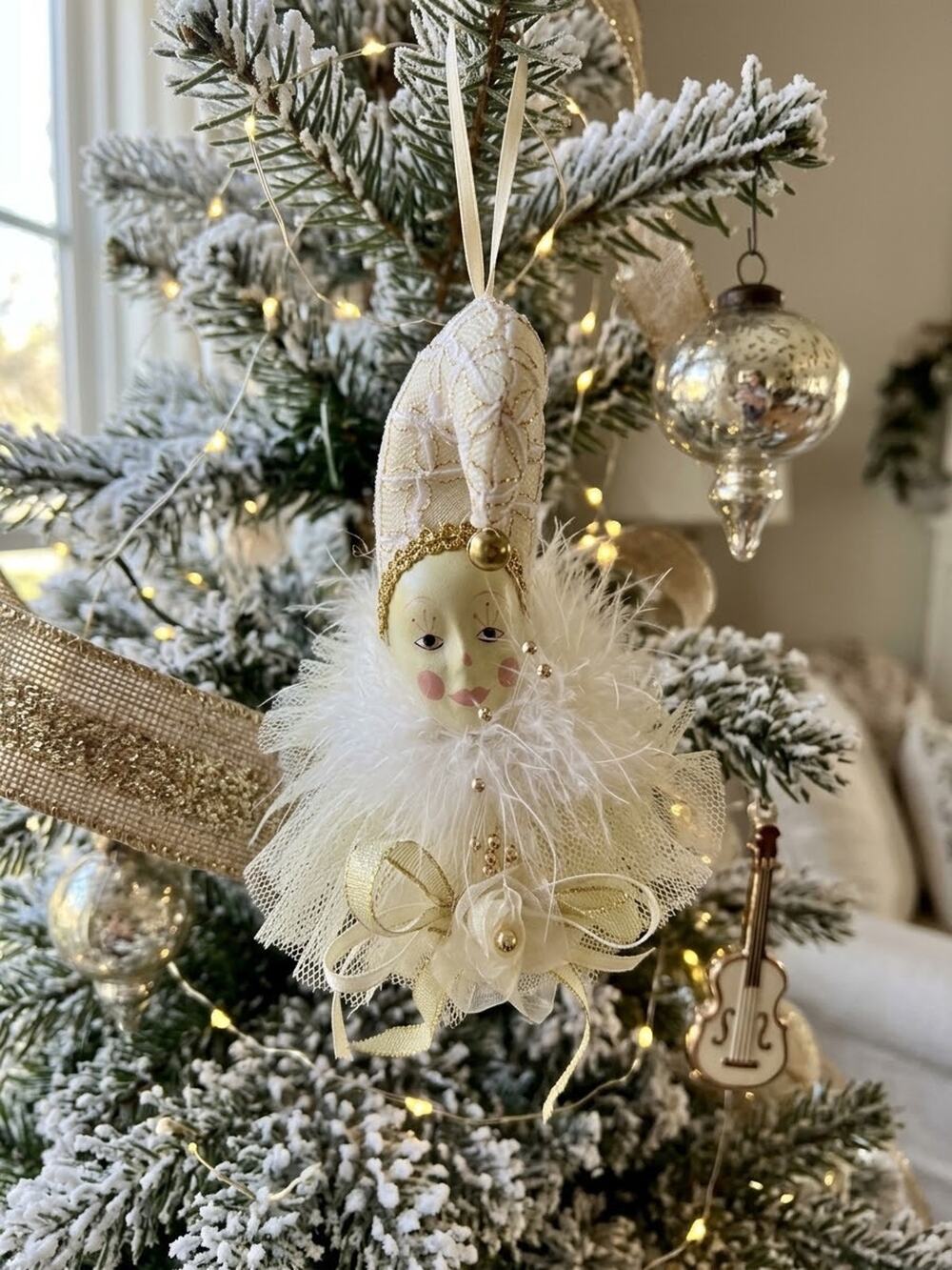 Vintage Harlequin Jester Head Christmas Ornament Bisque Porcelain Gold Lace 9"